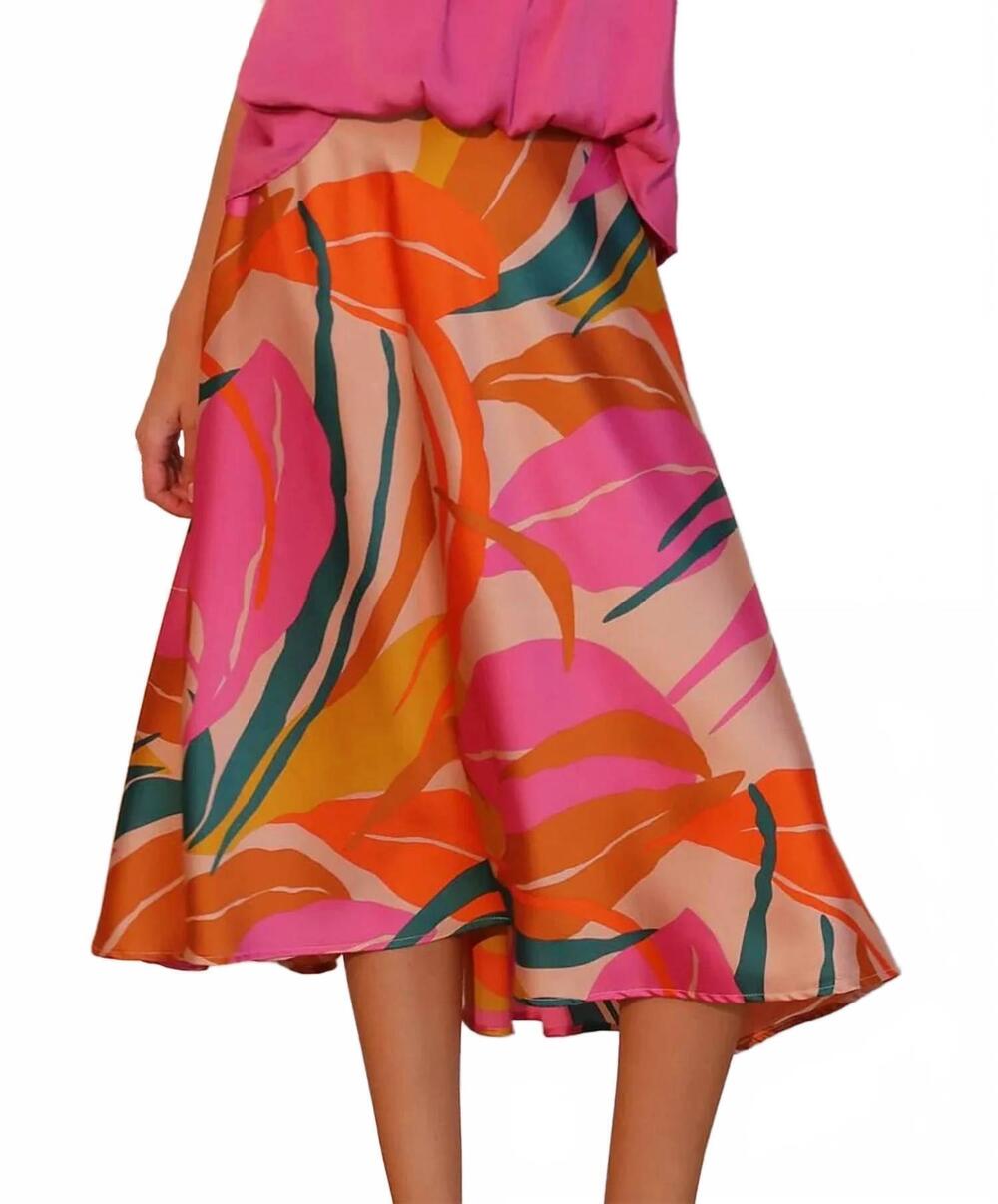 NEW KLD. SIGNATURE satin printed swing midi skirt in pink